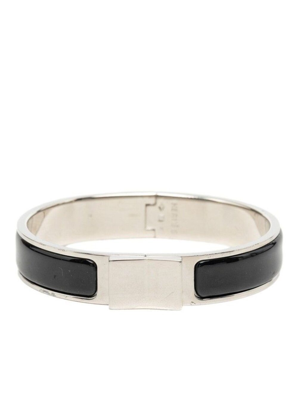 Hermes Clic Loquet Enamel Bracelet Bangle Silver Black Metal